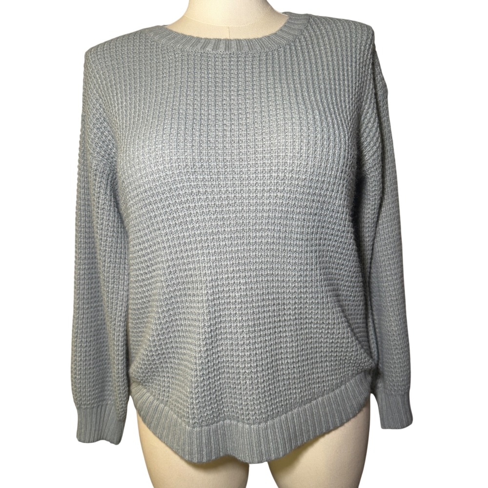 Merokeety Womens Waffle Knit Sweater Light Blue Gray Crew Neck Curved Hem Medium